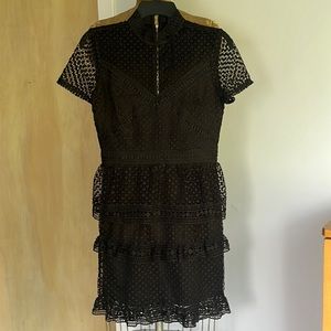 Aqua Bloomingdale tiered ruffle lace mock neck dress black shirt sleeve size s